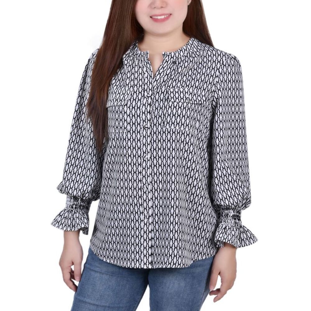 NY Collection Petite Long Sleeve Y Neck Blouse